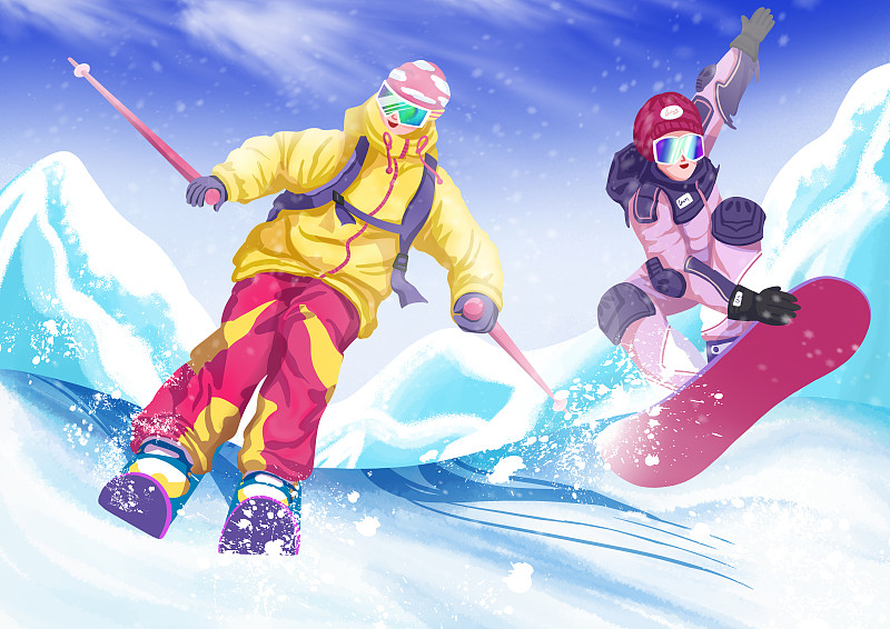 小清新雪山滑雪场两个人滑雪场景插画下载