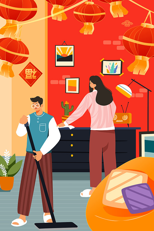 卡通春节新年元旦除夕小年传统节日习俗打扫家居中国风矢量插画图片