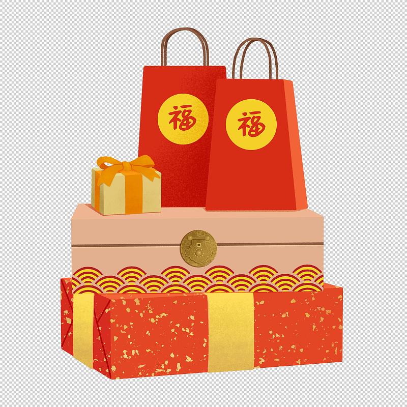 新年春节礼物礼盒礼品袋和中式复古箱子扁平风格图片下载
