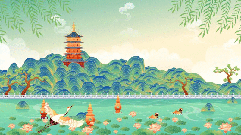 杭州西湖美丽的风景矢量插画图片下载
