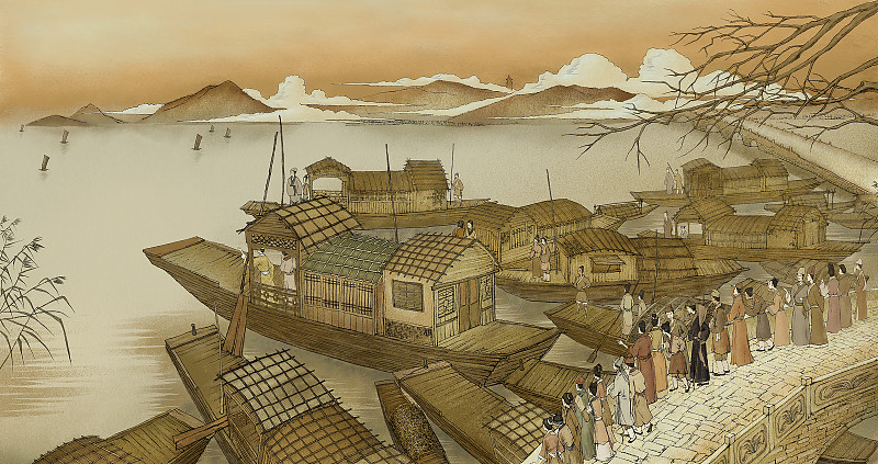 古典山水船只古桥手绘插画图片