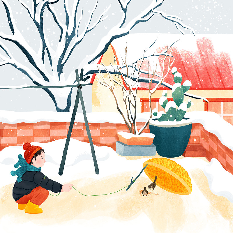 十二月大雪捕雀乡村童趣插画图片