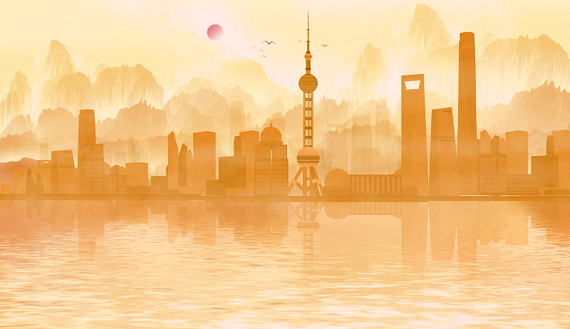 中国风的上海市建筑群插画下载