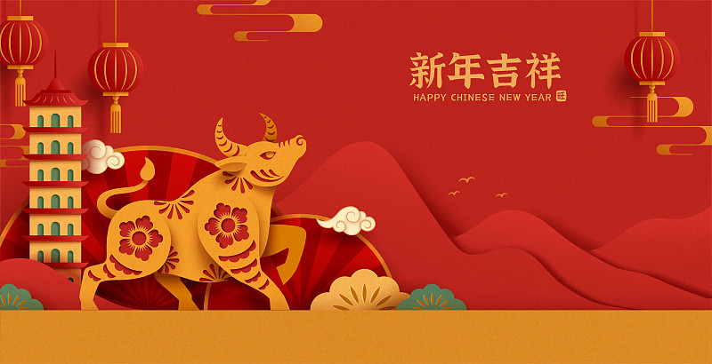 新年吉祥中国剪纸风生肖牛横幅图片素材