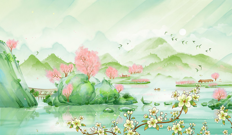 青山绿水开满桃花和梨花的山水画春天插画图片
