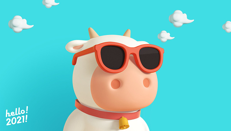 3D可爱的奶牛人物戴着红色的太阳镜在蓝色的背景图片素材