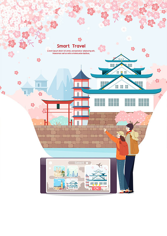 智能旅游主题插画的日本建筑和夫妇旁边的智能手机下载