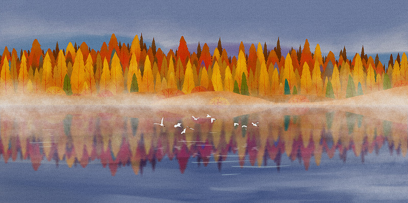 秋天，一群白鹭飞过河上的树林图片下载