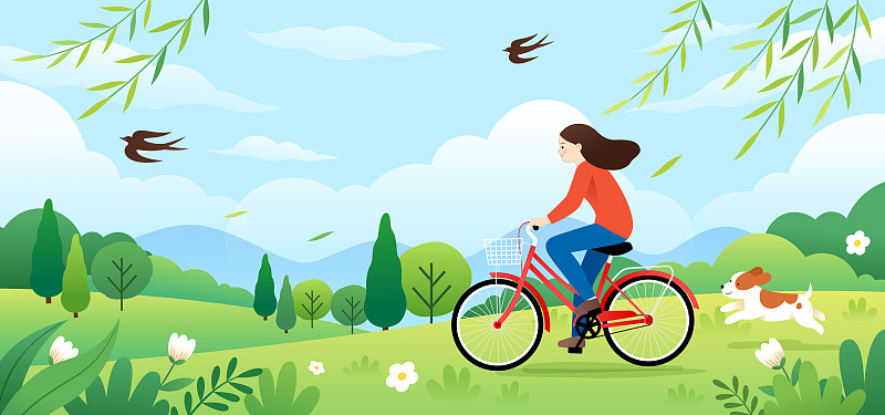春天一个女孩在户外骑自行车图片下载