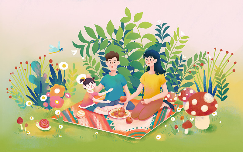 春天一家人在草地上野餐插画海报下载