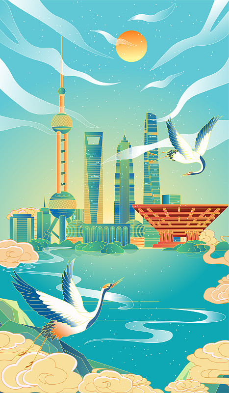 上海城市国风插画竖版下载