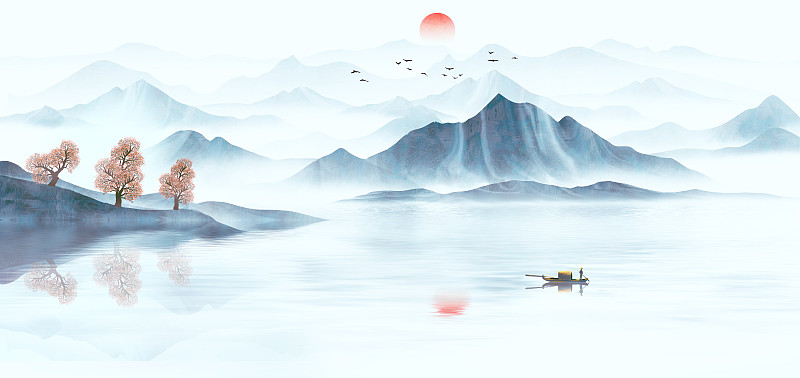 中国风蓝色山水插画图片