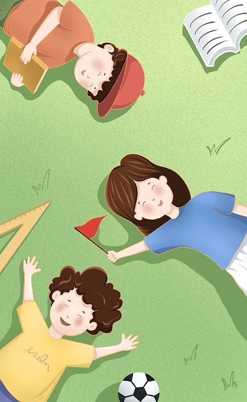 小孩躺在草地上插画图片