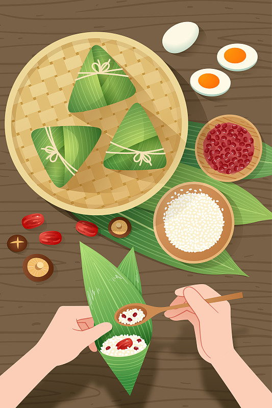 桌上的粽子粽叶和包粽子插画下载