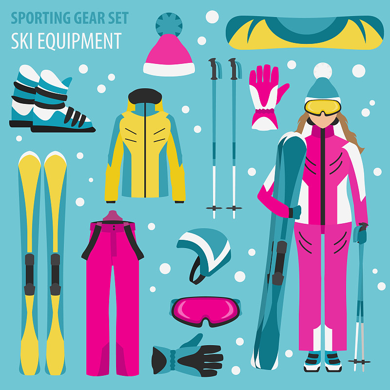 运动装备集滑雪装备和女滑雪者图片素材