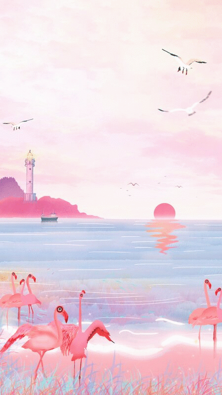 太阳从海边升起，海岛沙滩上火烈鸟在海边中嬉戏插画插画下载