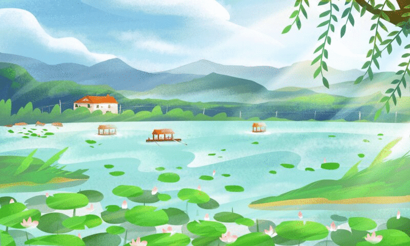 夏天乡下的池塘荷花风景插画下载