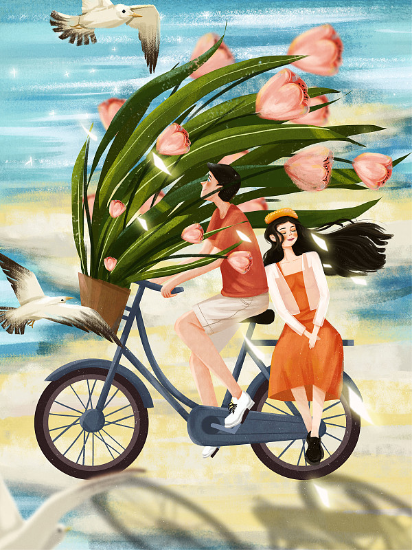 情人节骑自行车插画图片
