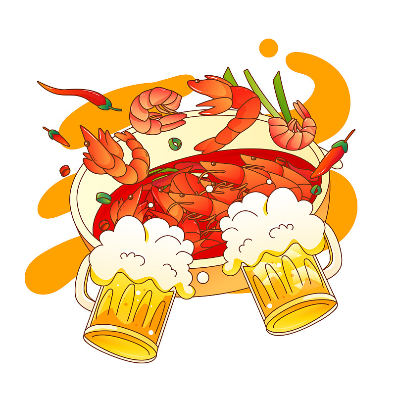 小龙虾和冰啤酒夏日宵夜美食矢量插画元素下载