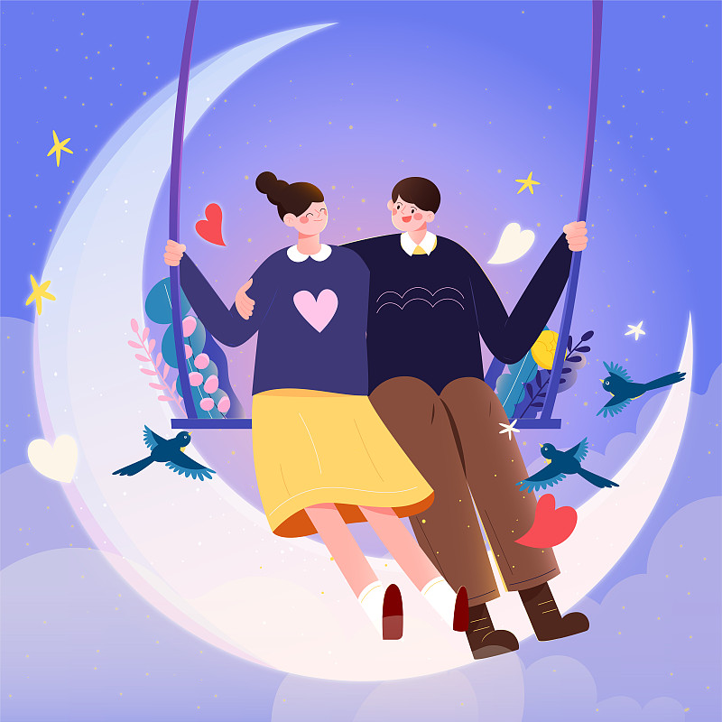 情侣七夕节情人节在月亮上荡秋千矢量插画方图图片