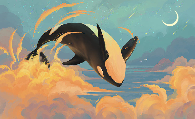 空中翻越的鲸鱼梦幻插画图片
