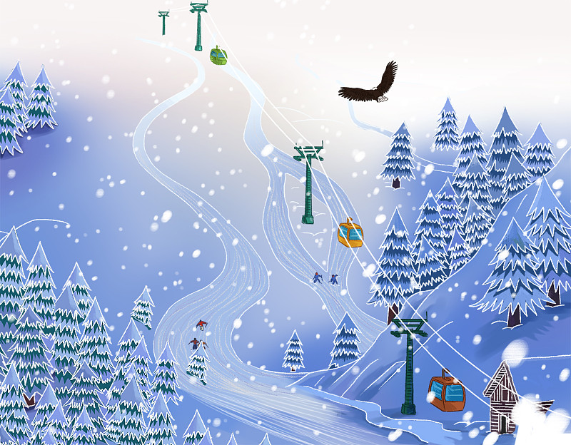 二十四节气大雪滑雪场旅游户外林海雪原原始森林滑雪娱乐背景插画下载