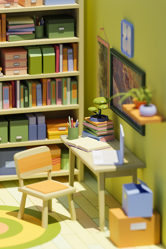 3D卡通风格书房主题室内场景插图图片素材