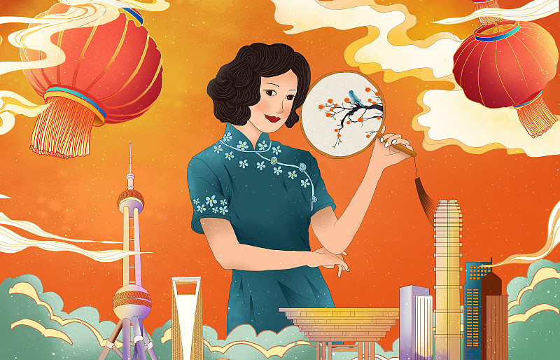 拿扇子的旗袍美女站在上海城市地标国潮风插画下载