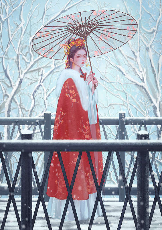 木桥下雪撑伞红披风斗篷唯美少女插画图片