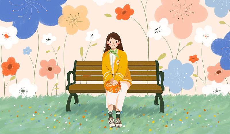 小清新插画坐在长椅上的可爱女孩图片
