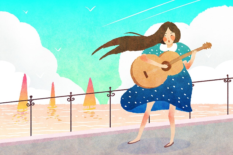 海边抱着吉他唱歌的年轻女孩图片素材
