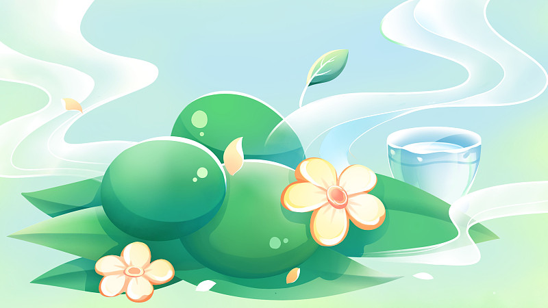 绿色唯美清新春季青团美食插画，青团与梨花和一杯酒下载