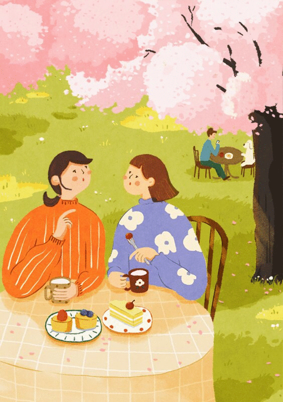 春日两位女生在樱花树下喝下午茶图片下载