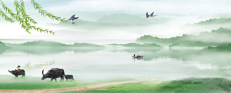 中国风节气山水风景插画背景下载