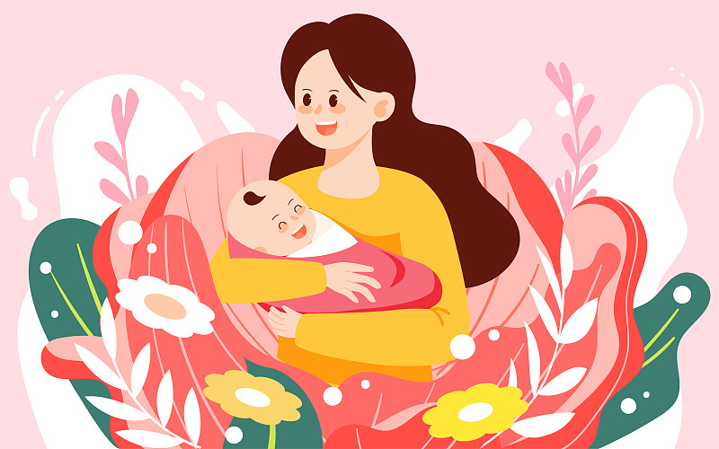 母亲节母婴鲜花插画感恩节温馨花朵活动海报下载