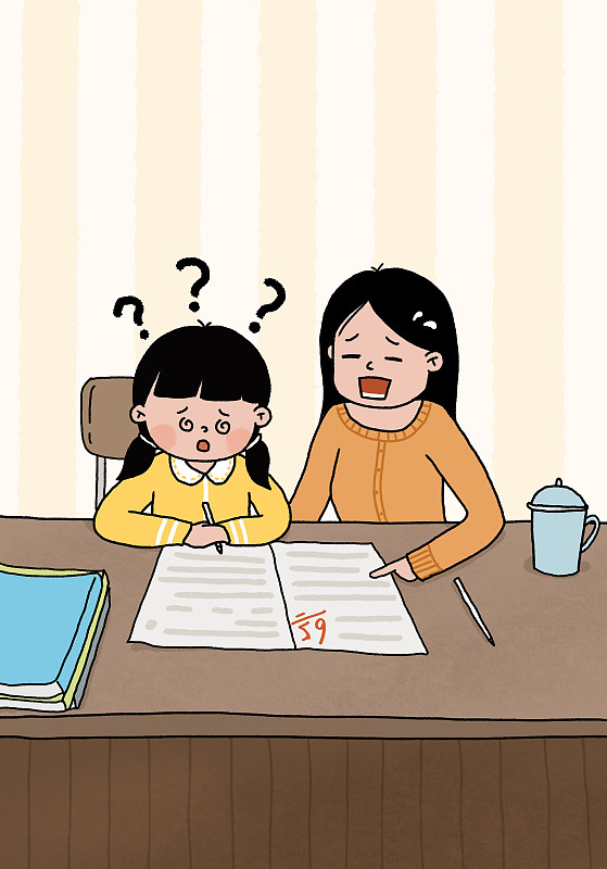 插画：母亲在辅导考试失利的孩子图片