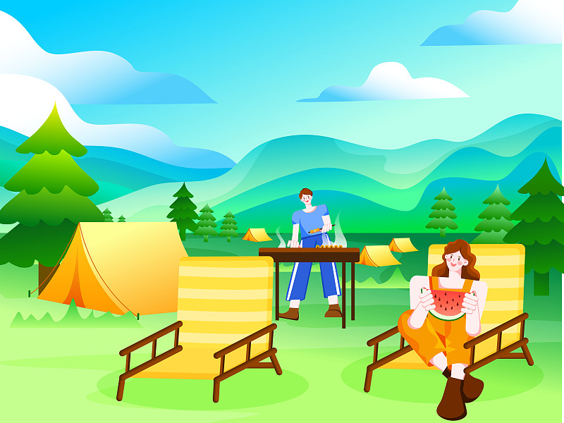 情侣横版露营度假夏季风景矢量插画图片