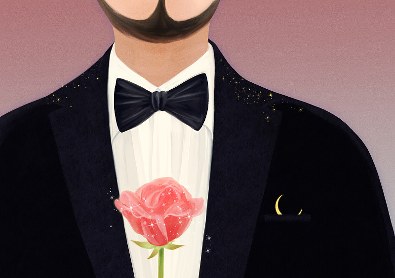 西装革履手拿玫瑰求婚的帅哥情人节插画下载