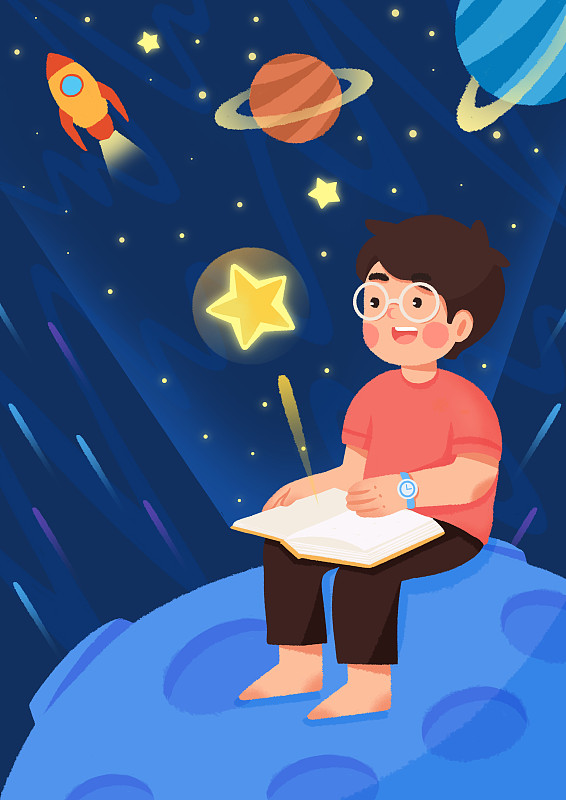 可爱的小男孩在太空上看书，儿童节图片素材