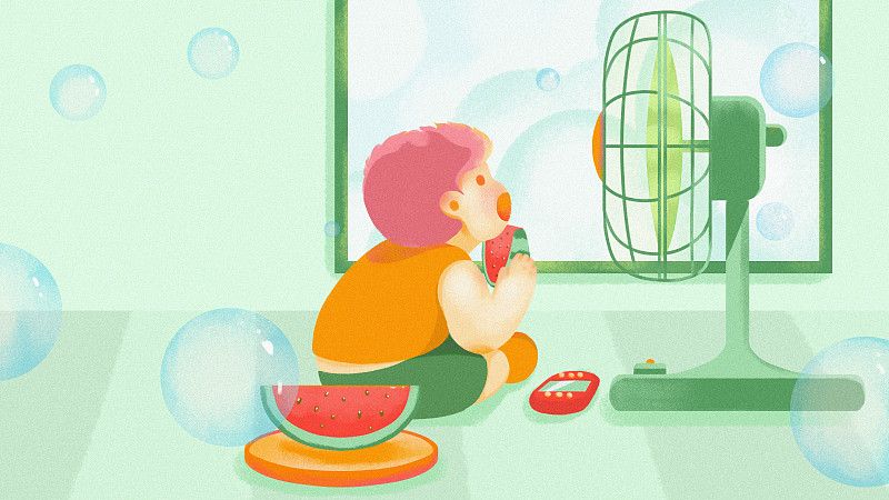 夏天的风和吃西瓜的小孩图片素材