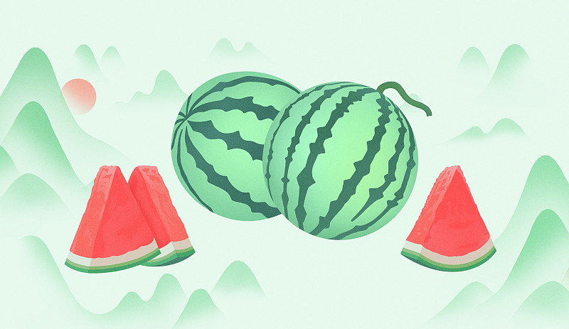 中国风手绘写实逼真夏季秋季新鲜水果西瓜山水插画，水果饮料饮品糖果汽水包装插画，绿色红色水果图鉴图片