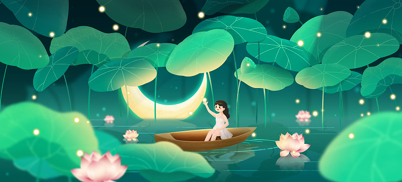 二十四传统节气大暑荷叶池塘少女插画海报图片