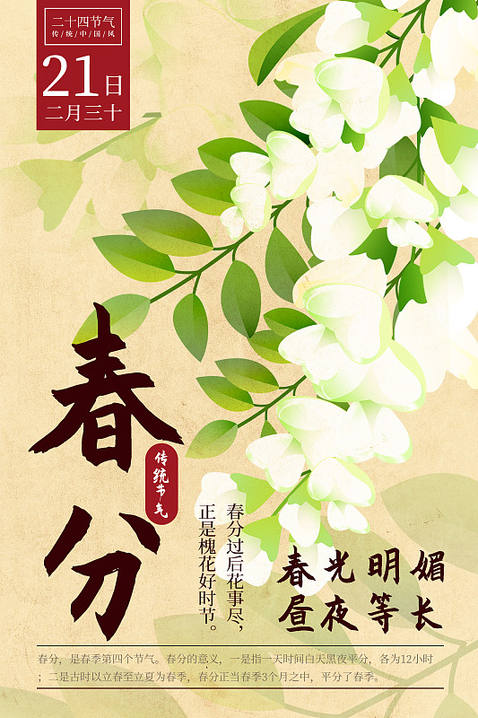 二十四节气新中式植物海报-04春分-槐花图片下载