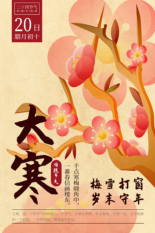 二十四节气新中式植物海报-24大寒-梅花图片下载