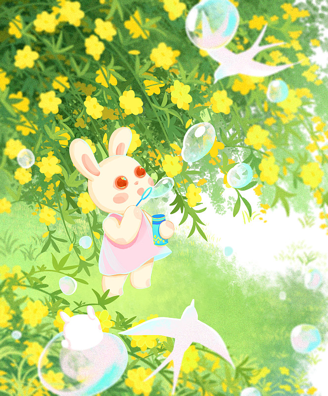 兔年二月迎春花小兔子吹泡泡燕子系列插画下载