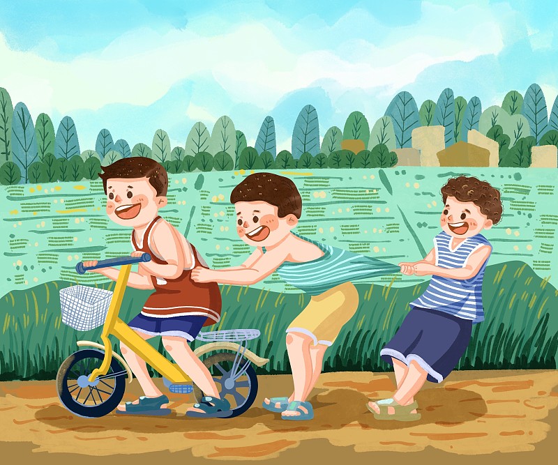 夏天暑假里的童年骑自行车的小孩插画图片