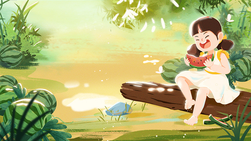小暑节气女孩坐在地上吃西瓜插画图片