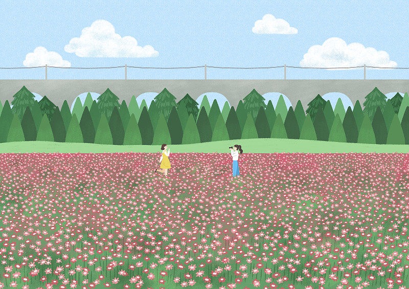 美丽的春天风景画矢量插图的朋友在花田拍照图片下载