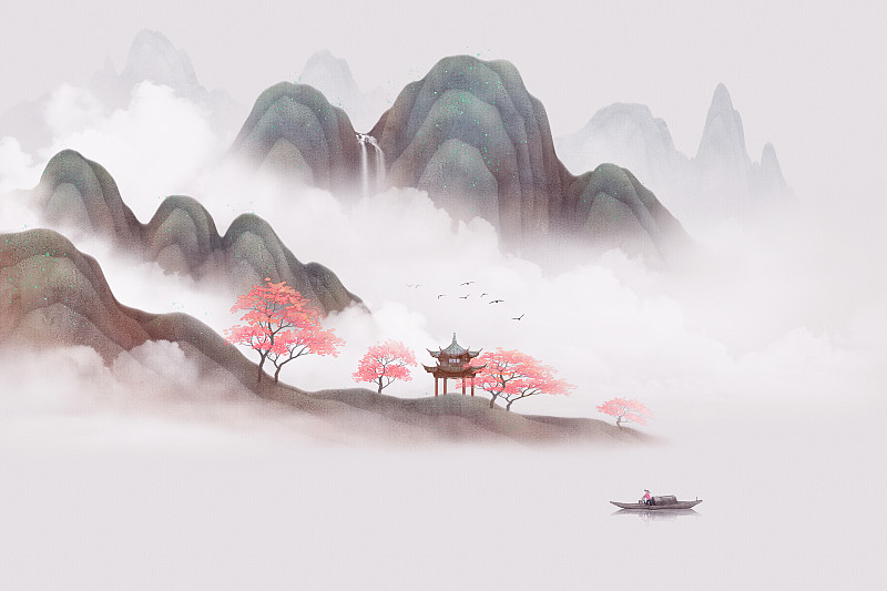 云雾风景新中式古典水墨意境山水画图片下载