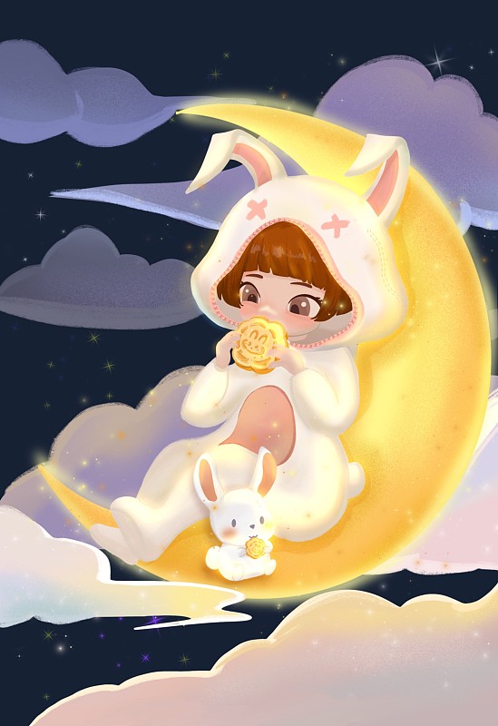 兔女孩在月亮上吃月饼图片下载